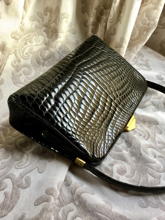 Vintage 1950s Black Leather Gold Clasp Kelly Bag