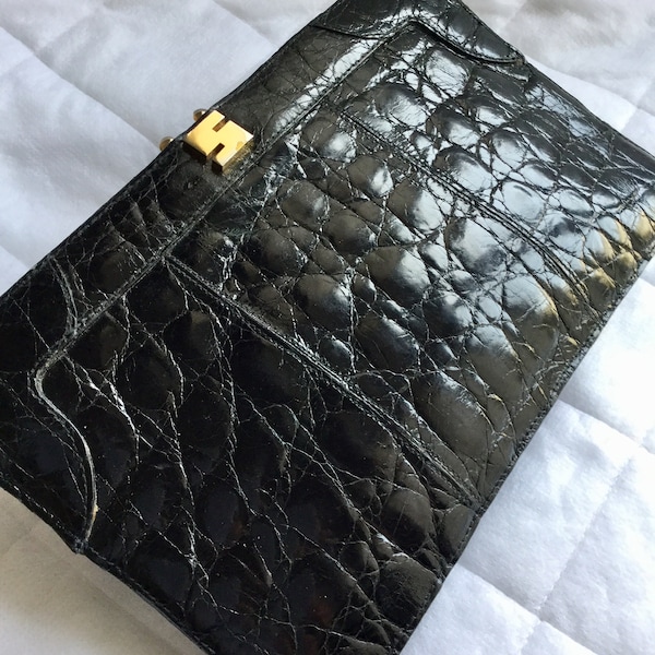 Vintage 1970er Jahre schwarz Leder Clutch