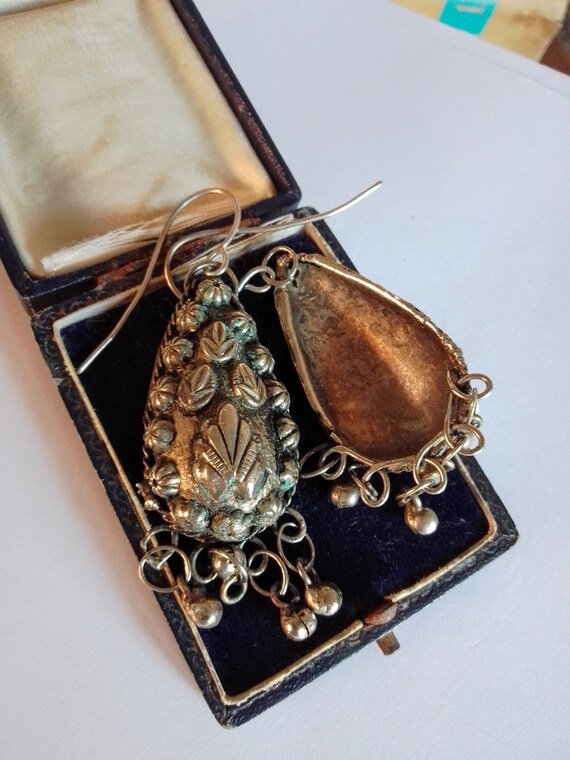 Ancienne Paire Boucle D’oreille Pendante Argent Massif