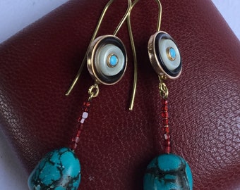 Vintage 1950s Style Long Garnet Turquoise Drops Earrings