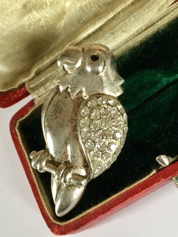 Antiques Art Deco Style Silver Rhinestones Parrot… - image 1