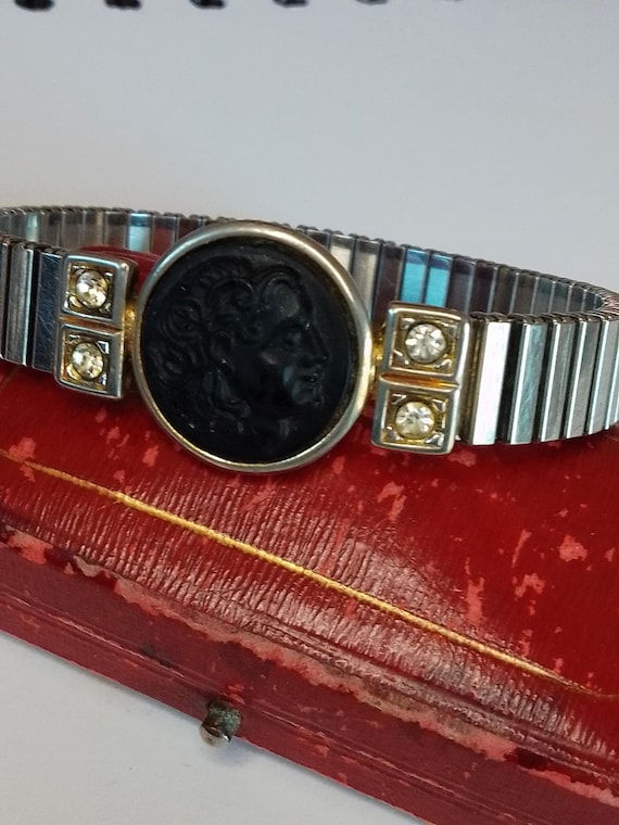 Bracelet Rigide Rétro Large - Argenté Avec Strass Noir Et Camée - Alliage - Occasion