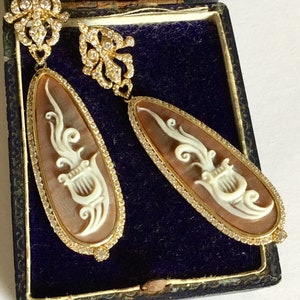 Antiques Art Nouveau Style Silver Gilt Cameo Long Drop Earrings