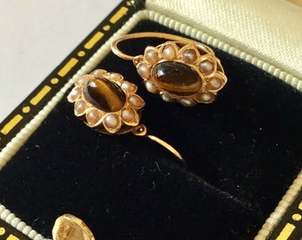 Antiques Napoleon III 9CT 9K Gold Pearls Tiger Eye Earrings