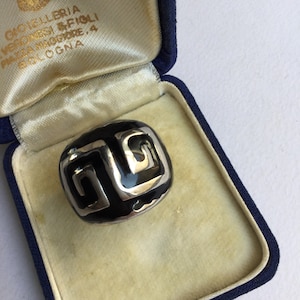 Vintage Modernist Silver Metal Black Enamel Ring