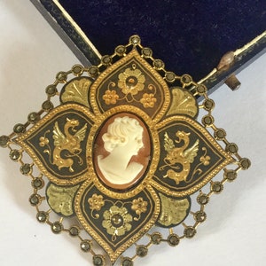 Antiques Art Nouveau Large Damascene Cameo Brooch
