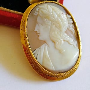 May include: Oval pendant with a carved cameo of a woman's profile in cream, set in a gold-colored frame. The frame has a decorative border. The pendant has a gold bail. The background is a red and green box.