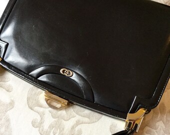 Antiques 50s 60s Auth Brandname Gucci Black Leather Hand Bag