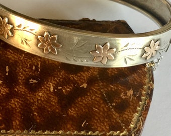 Antiques Victorian Silver Rose Gold Flower Bangle Bracelet