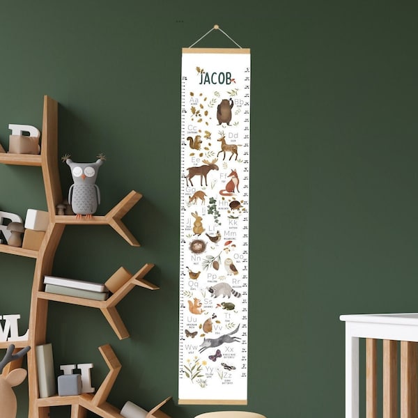 Woodland ABC growth chart, forest animals alphabet height chart for baby nursery, kids bedroom, toddler playroom, neutral educational gift.