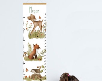 Woodland nursery growth chart, nature height chart for baby nursery or kids room, forest animals, green gender neutral, first birthday gift.