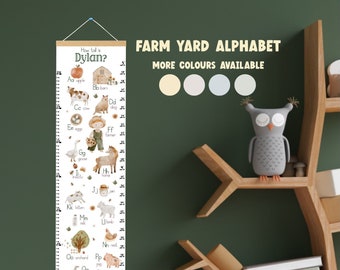 Personalised growth chart, Neutral farm nursery decor, farm yard animals alphabet, 1st birthday gift for toddlers, ABC height chart for kids