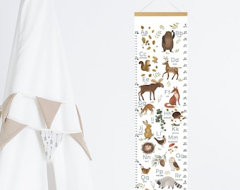 Woodland ABC growth chart, Toddler or baby gift, forest animals educationl height chart for nursery, kids room, playroom,  gender neutral.
