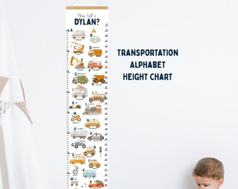 Personalised transport and construction height chart, alphabet growth chart for kids, educational toddler room decor, boys 1st birthday gift