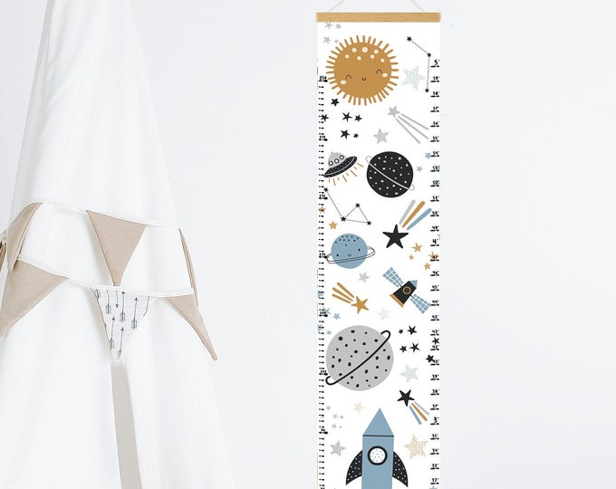 Space Height chart, Personalised Space themed growth chart, Scandi nursery decor, wooden hangers, Neutral nursery decor..