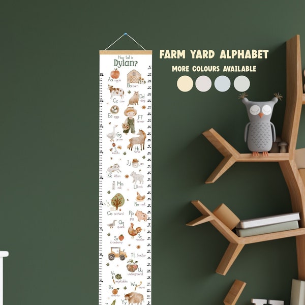 Personalised growth chart, Neutral farm nursery decor, farm yard animals alphabet, 1st birthday gift for toddlers, ABC height chart for kids