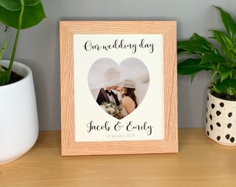 Our wedding day personalised photo frame, heart photo frame, wedding keepsake, gift for newlyweds, custom picture frame.