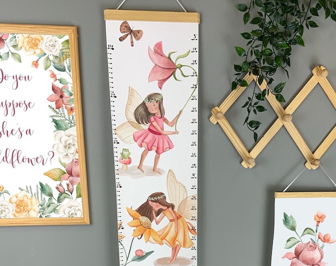 Personalised fairy height chart, flower princess growth chart for girls nursery, bedroom or playroom decor, first birthday, toddler gift.