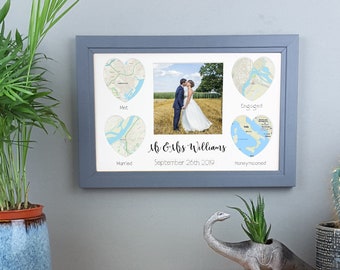 Personalized Wedding Map Photo Frame, Solid Oak Anniversary Gift