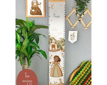 Personalised princess growth chart, neutral height chart for girls nursery, bedroom, playroom, dark skin or light skin fairy  Sage and beige