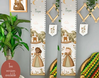 Neutral boho princess growth chart, fairytale height chart for girls nursery, bedroom, playroom, dark skin or light skin. Sage, beige decor