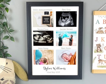 New parent gift, Scan and pregnancy milestones frame,  includes spaces for the announcement, gender reveal, first photo, baby bump, newborn.