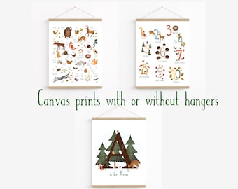 Personalised Forest canvas print set, framed or unframed, woodland animals nursery alphabet, newborn baby stats, 1st birthday baby gift.