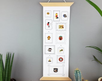 Enamel pin display banner, gallery wall pin display.