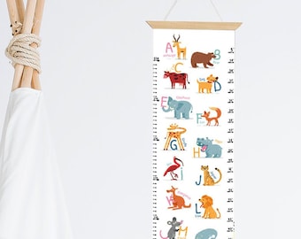 Animal alphabet height chart, alphabet print, kid's growth chart, nursery wall hanging, kids room decor centimeters and inches.