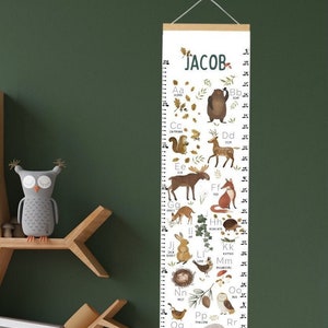 Woodland ABC growth chart, forest animals alphabet height chart for baby nursery, kids bedroom, toddler playroom, neutral educational gift.