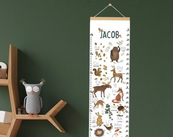 Woodland ABC growth chart, forest animals alphabet height chart for baby nursery, kids bedroom, toddler playroom, neutral educational gift.