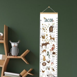 Woodland ABC growth chart, forest animals alphabet height chart for baby nursery, kids bedroom, toddler playroom, neutral educational gift.