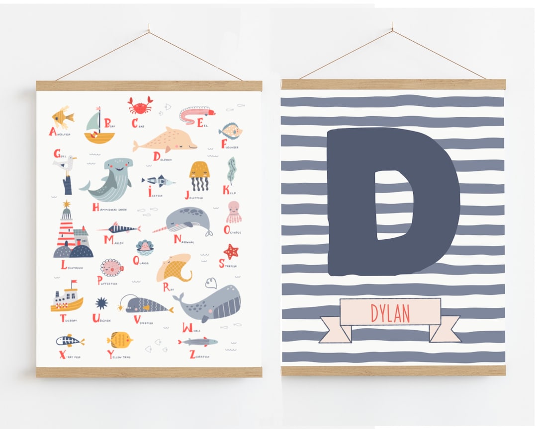 Framed Nautical Alphabet Nursery Print Set, Ocean Alphabet, Kids Room ...