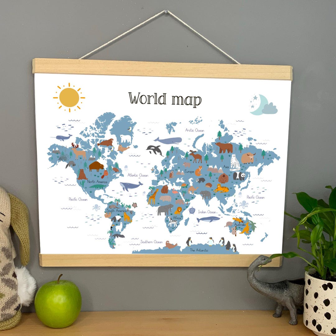 Kids World Map Nursery Decor, Personalised Animal Canvas Print. - Etsy