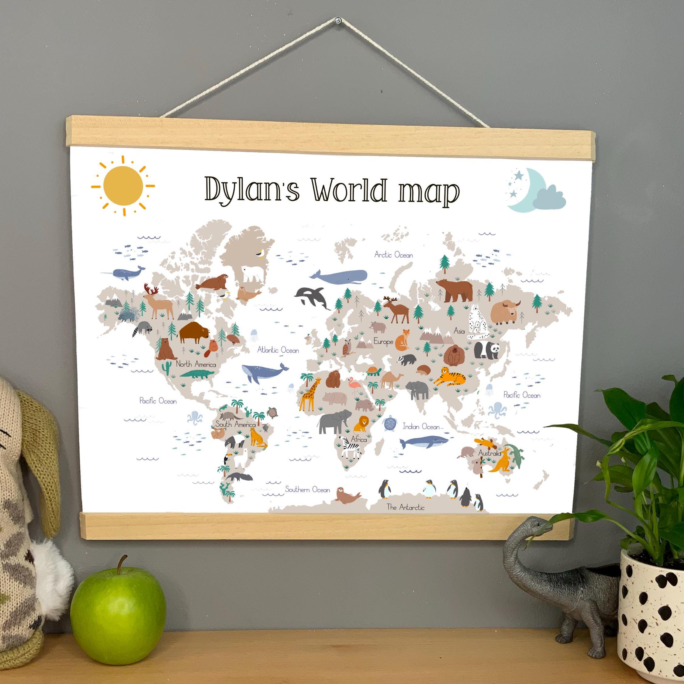 Kids World Map Nursery Decor, Personalised Animal Canvas Print. - Etsy
