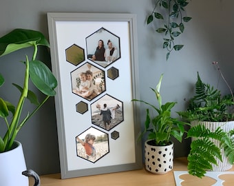 Hexagon collage photo frame. geomertic picture frame, moden minimalist geometric living room wall decor. Wedding, family or vacation photos.