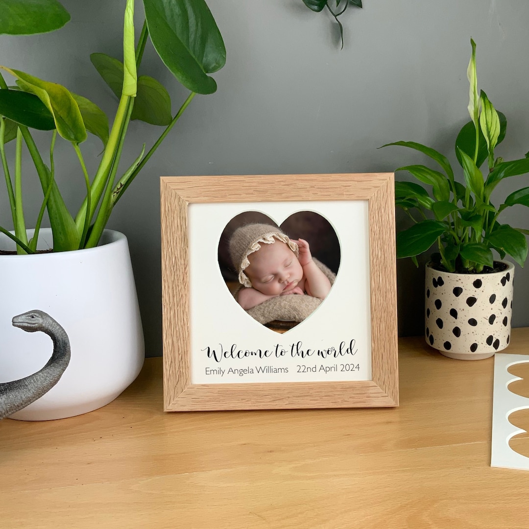 Personalized Baby Photo Frame, Newborn Keepsake, Solid Wood, Heart ...