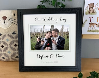 Our Wedding Day photo frame, personalised with names and date, gift for bride and groom or same sex couple. Wedding Anniversary keepsake.