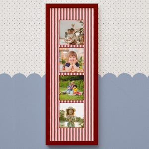 May include: A vertical rectangular wall frame with a dark red border and a white and red striped matting. The frame contains four square photo slots arranged in a column, each displaying a different photograph of children in various settings.