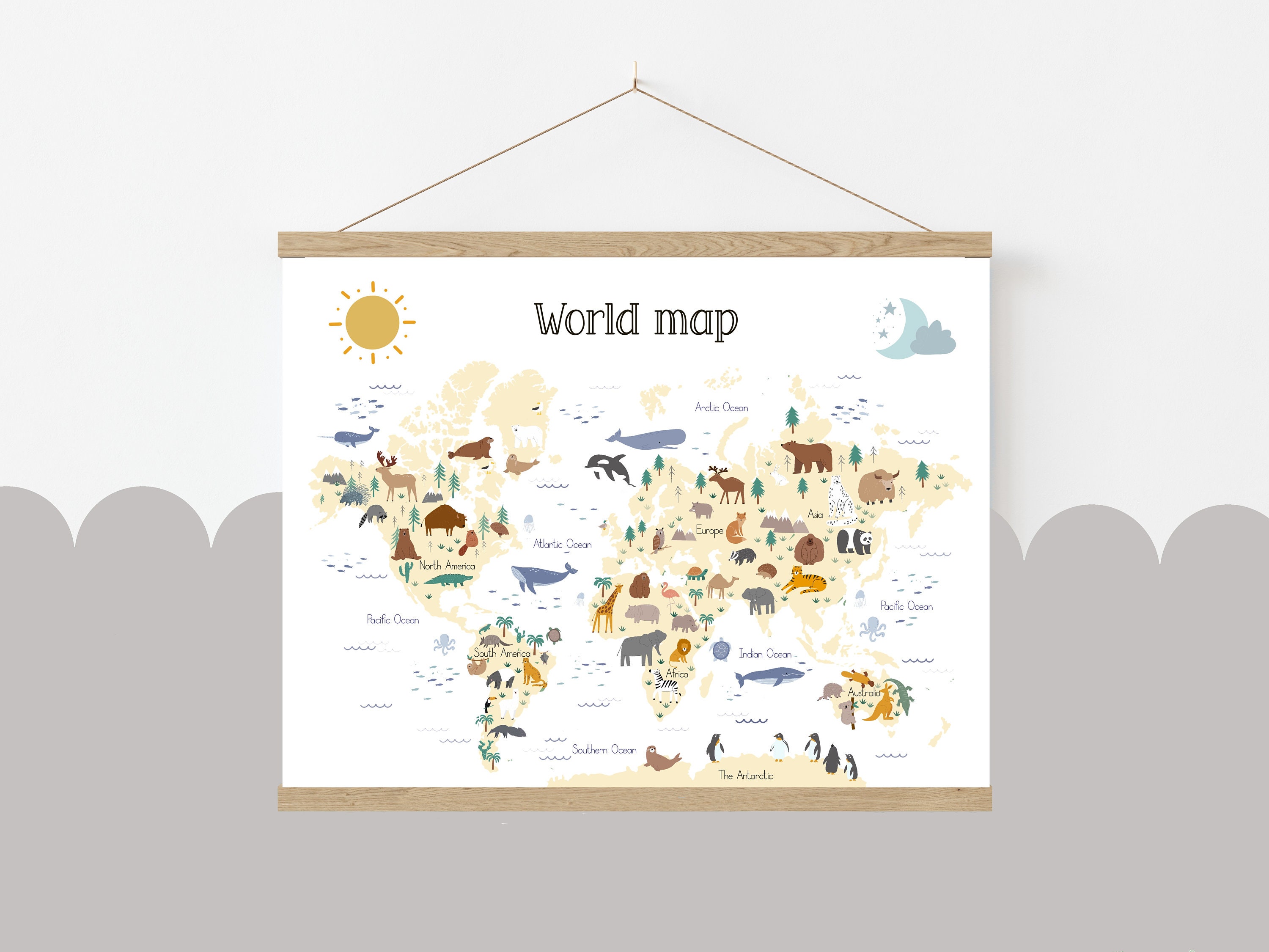 Kids World Map Nursery Decor, Personalised Animal Canvas Print. - Etsy