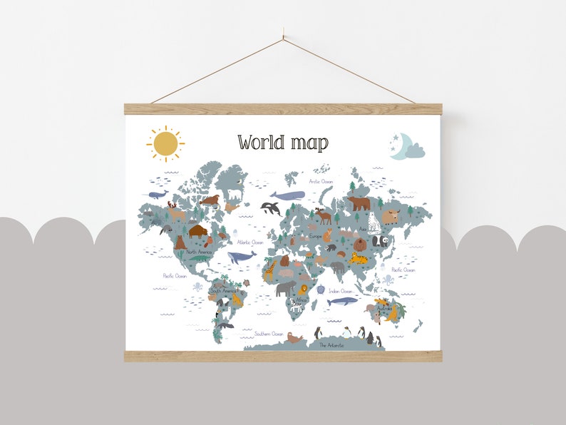 Kids World Map Nursery Decor, Personalised Animal Canvas Print. - Etsy