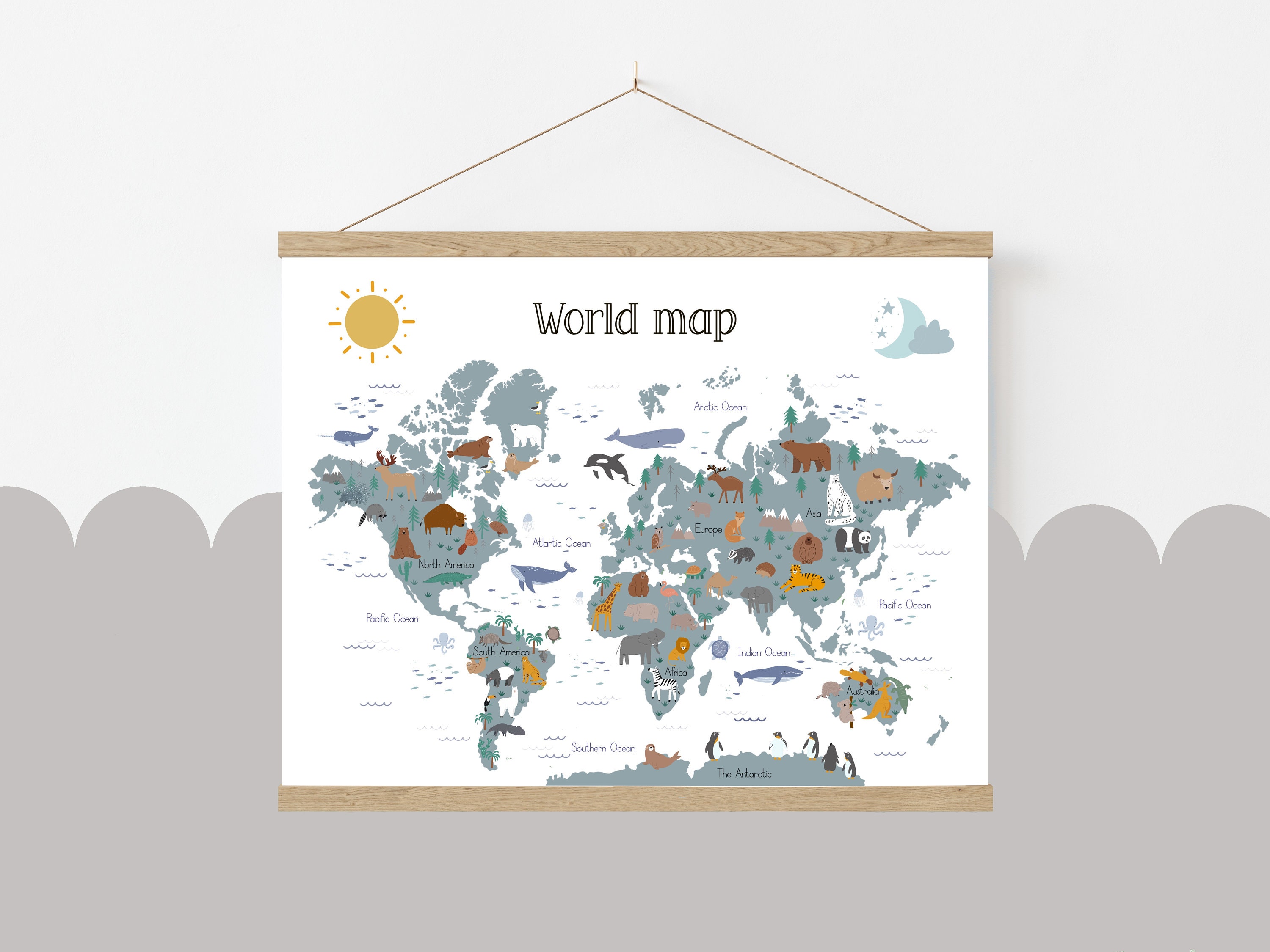 Kids World Map Nursery Decor, Personalised Animal Canvas Print. - Etsy