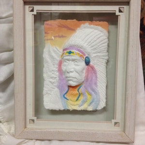 Framed Hand Cast Paper Artwork Indian Chief By Wess