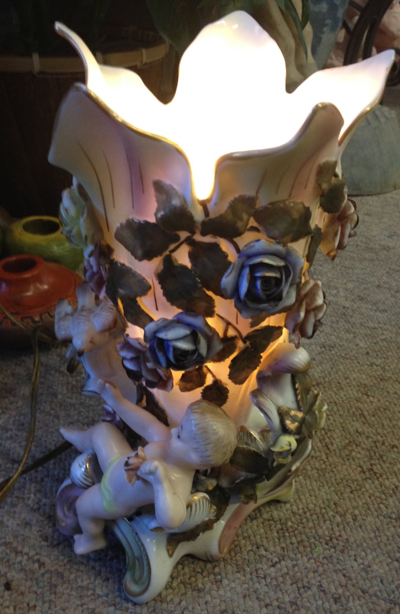 Mythical Cherub Lamp with Raised Flowers and Designs