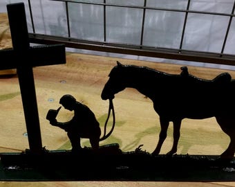 Praying Cowboy, Cross, Kneel, Horse, Religious Metal Art, Memorial