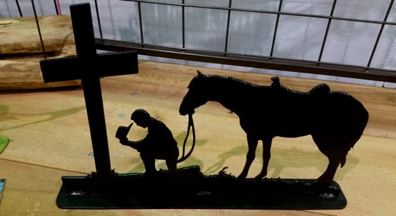 Praying Cowboy, Cross, Kneel, Horse, Religious Metal Art, Memorial