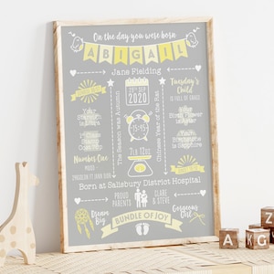 Impresión personalizada de estadísticas de nacimiento de bebé / Arte infantil / Banderines grises y amarillos