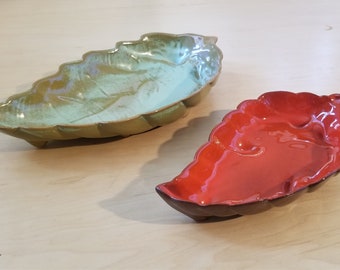 Frankoma Willow Leaf Dishes (2), Large Prairie Green and Small Flame Red