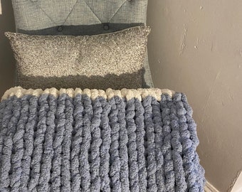 Chunky blue with grey and white extra soft throw blanket. Christmas gifts for her. Gifts for Dad.Handmadecrafts39.