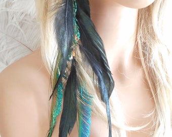 Bohemian Black W Peacock Spears Feather Handmade Hair Clip Extension